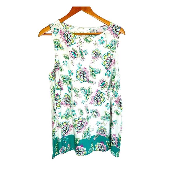J. Jill Tunic Tank Top Womens M Medium White Green Sleeveless Floral Rayon Flowy - Picture 1 of 8